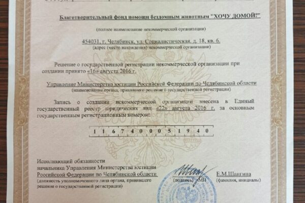 свидетельство о регистрации НКО